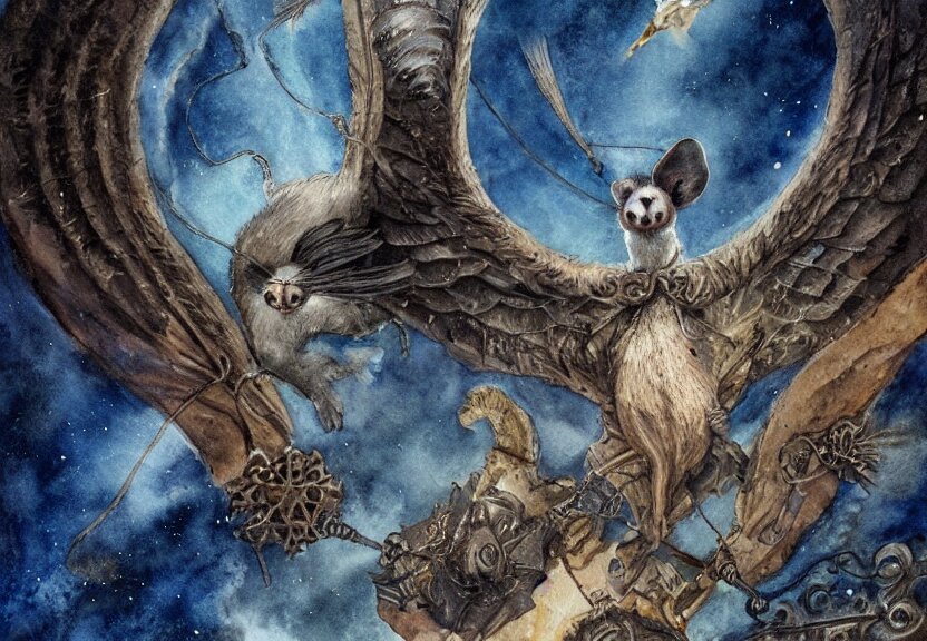 Epic Winged Possum Flying over a Medieval Castle under a Dark Starred Sky
