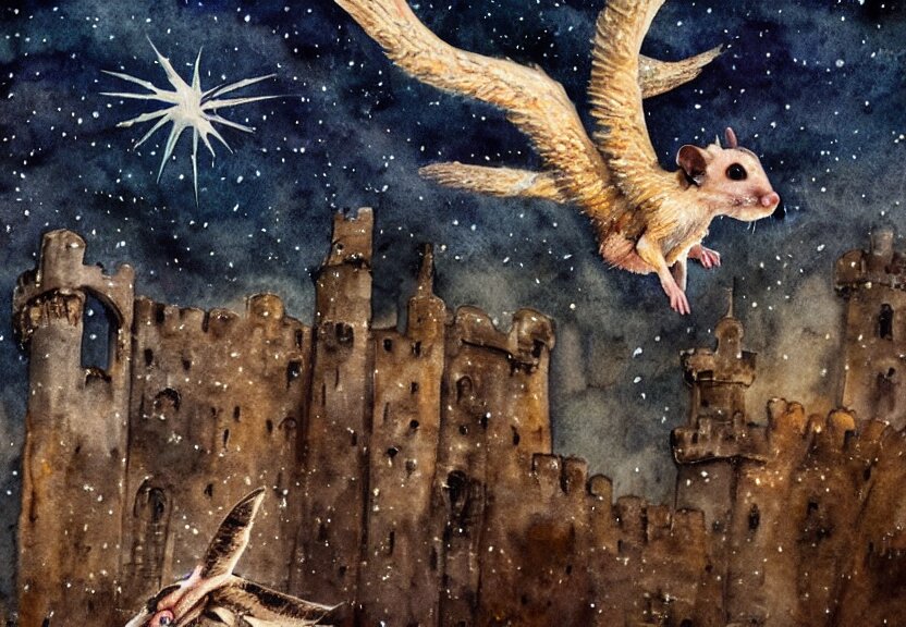 Winged Possum Flying over a Medieval Castle under a Dark Starred Sky