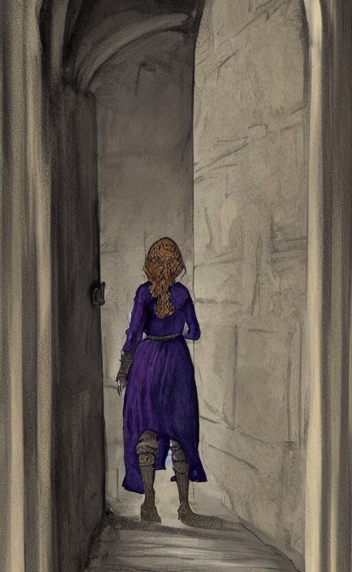 Medieval Servant Girl Walking in Castle Hallway