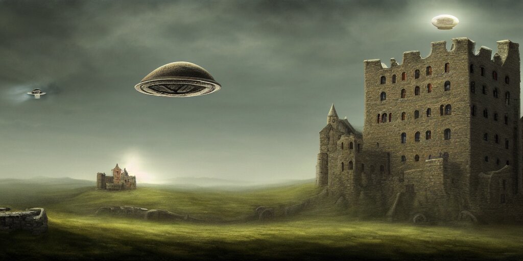 Ufo Flying Saucer Hovering over a Stone Brick Castle