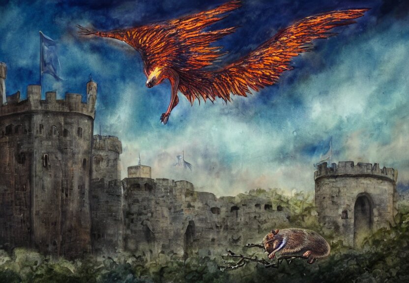 Legendary Fire Winged Possum is Flying over a Medieval Castle under the Dark Starred Sky