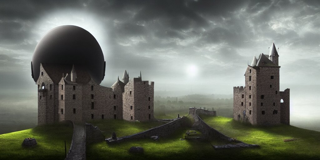 Ufo Flying Saucer Hovering over a Medieval Fantasy Stone Brick Castle