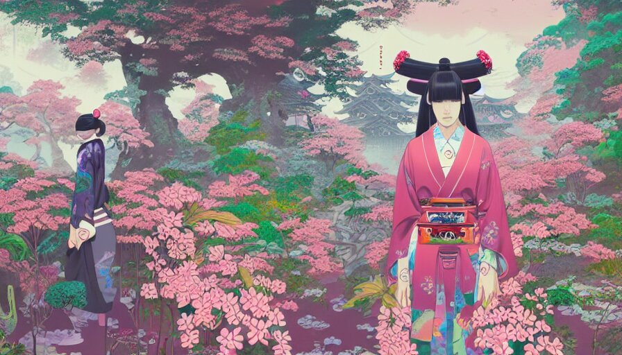 Digital Painting of a Magical Japanese Temple with a Woman Wearing Gucci Exploring