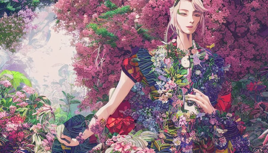Digital Painting of a Woman Wearing Gucci Exploring a Magical Japanese Temple