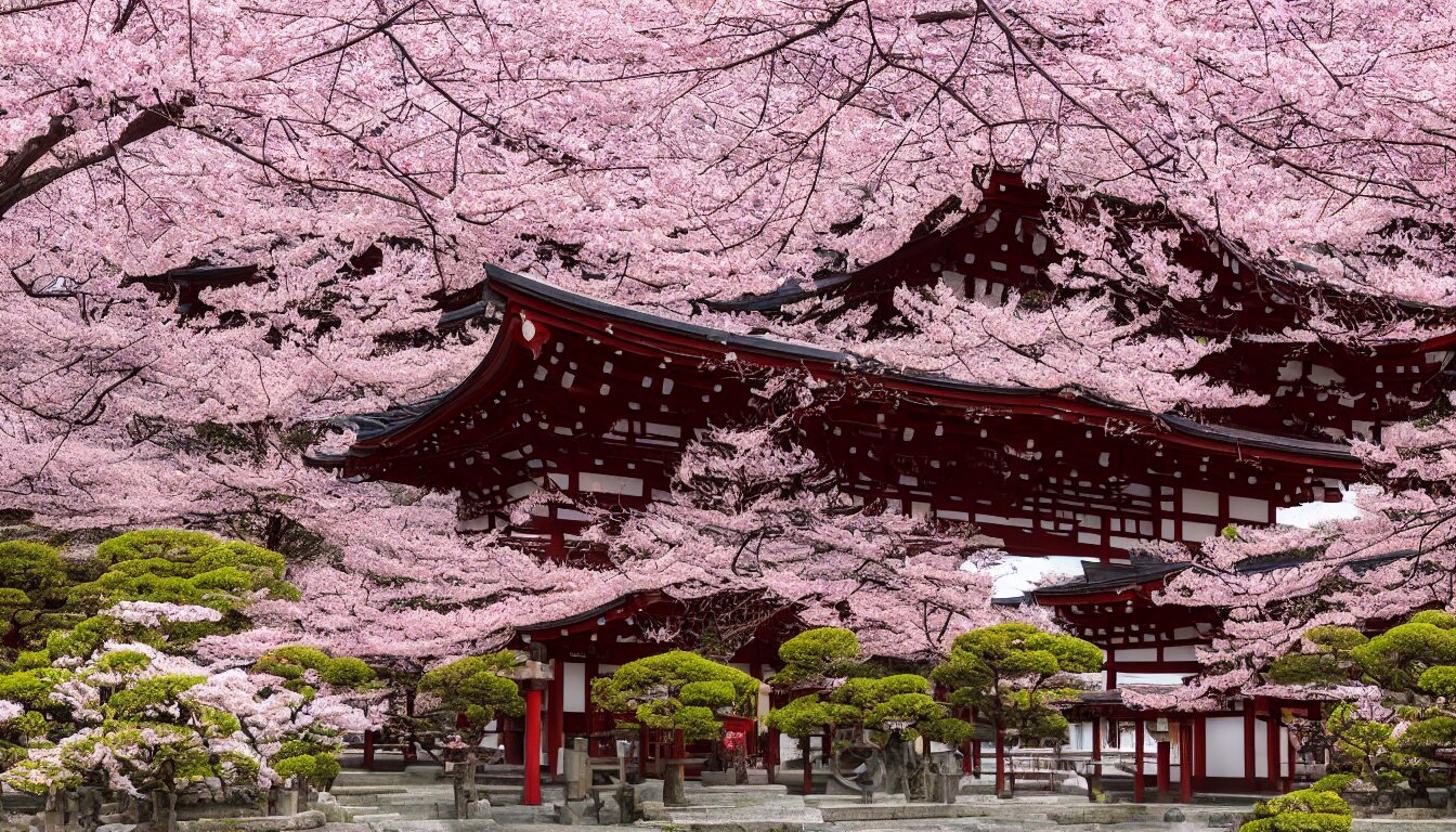 Shinto Temple in the Midst of a Sakura Garden