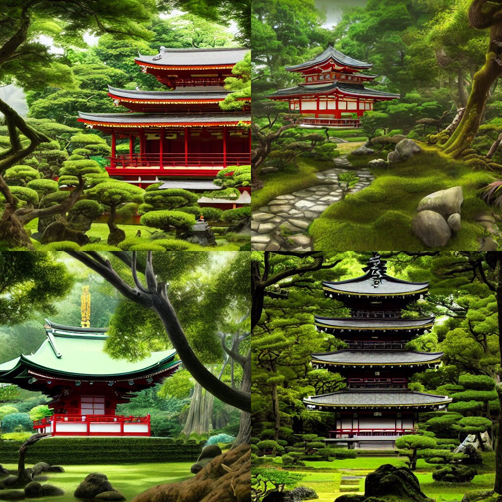 Japanese Temple in a Lush Forest