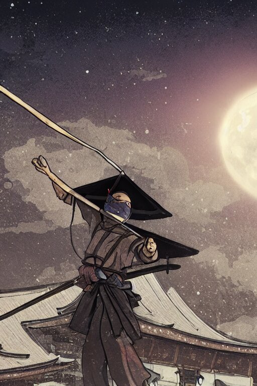 Ninja on a Roof of a Japanese Temple with the Moon on the Background