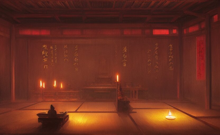 An Interior Japanese Temple with Candles