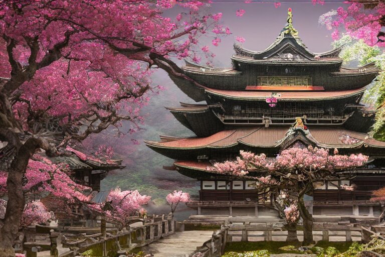 Hyperdetailed Ancient Japanese Temple in the Infinite Flowerpunk Sakura Tree