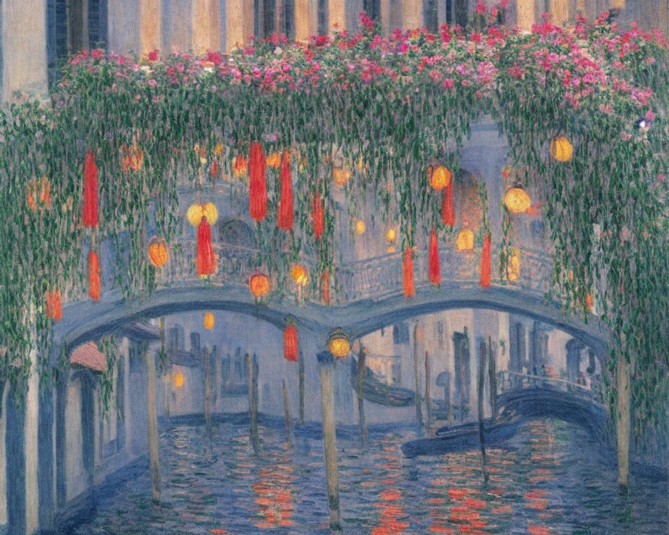 Grand Venice Canal with Chinese Lanterns and Hanging Flower Baskets at Night