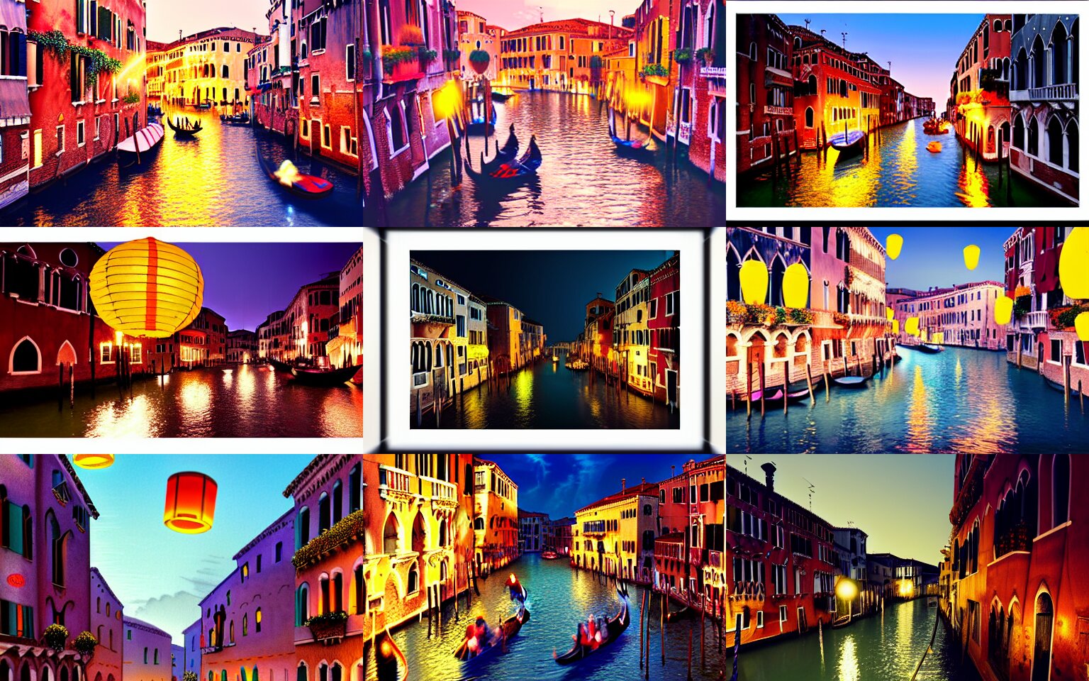 Paper Lanterns Glowing in Many Colors Floating Above a Venice Canal at Night