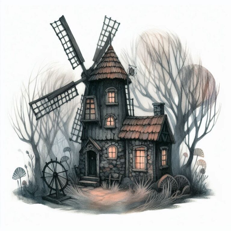 Whimsical Dark Fantasy Windmill Cottage