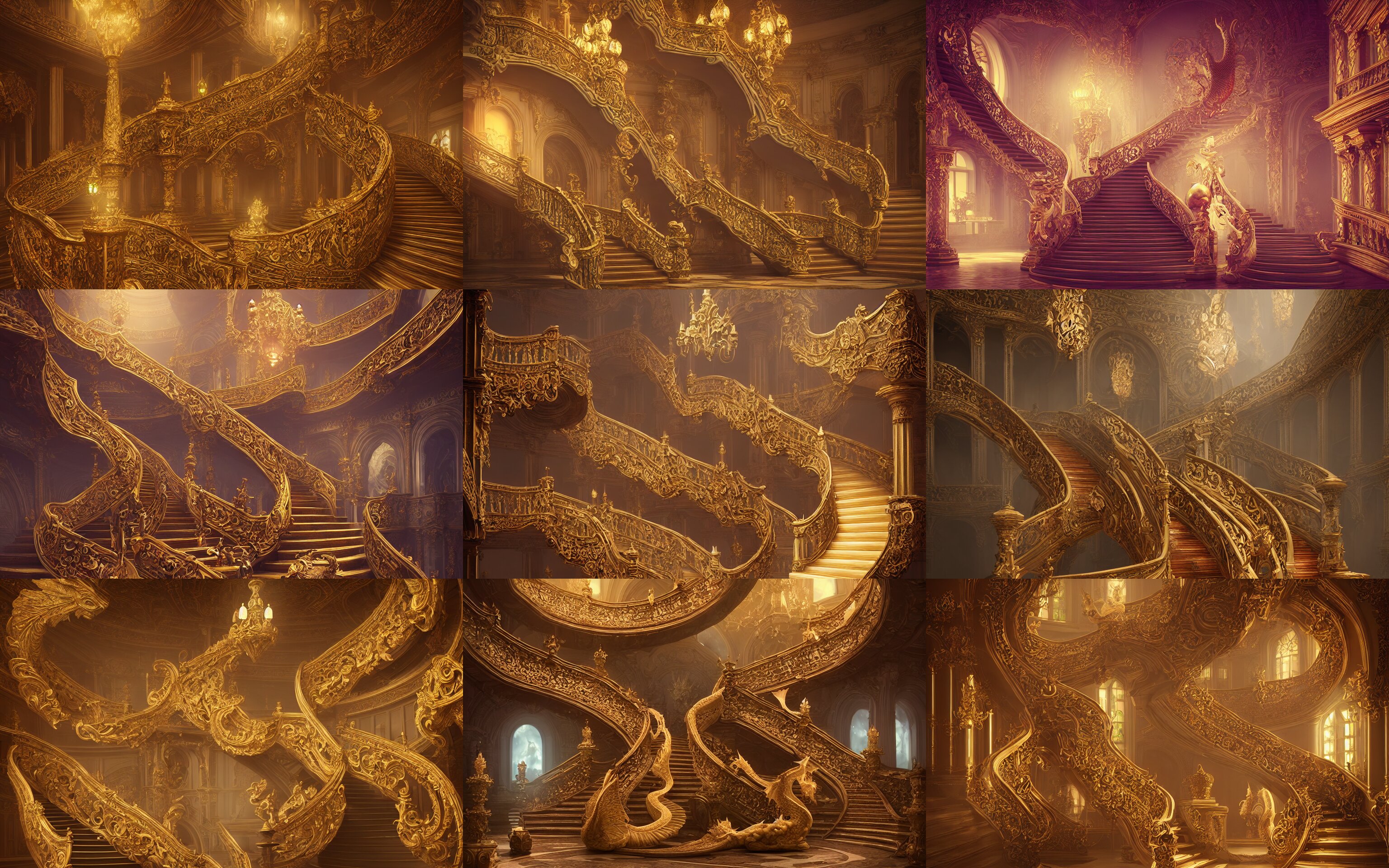 Large Ornate Staircase with a White Dragon at the Top