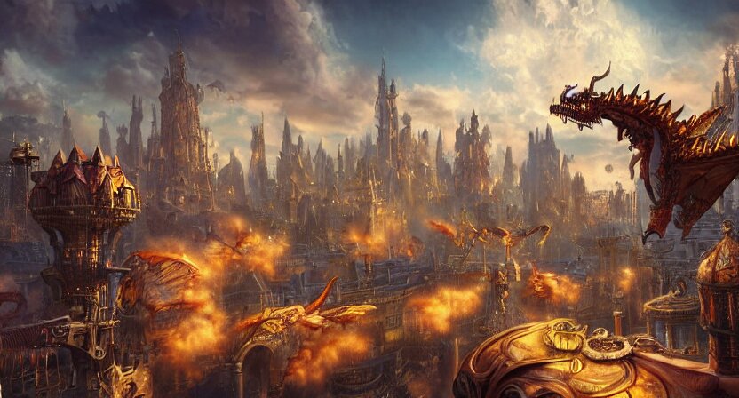Fantasy City with Steampunk Dragons in the Sky