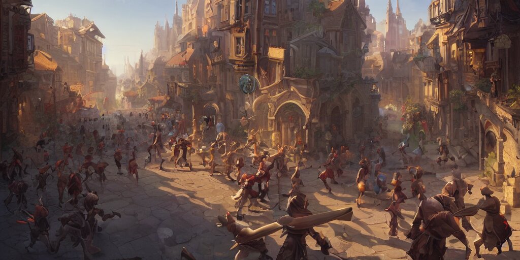 Busy Fantasy Street Battle Within a Fascinating Old City