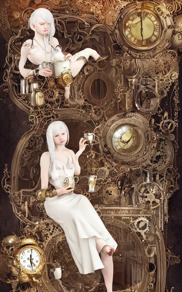 Young Adult Albino Steampunk Girl Sitting Besides an Ornate Mirror Holding a Cup of Tea