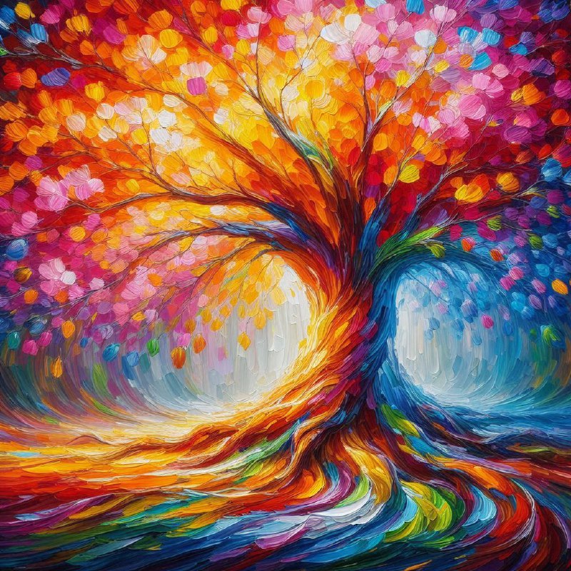 Vibrant Rainbow Tree with Impasto Brushstrokes