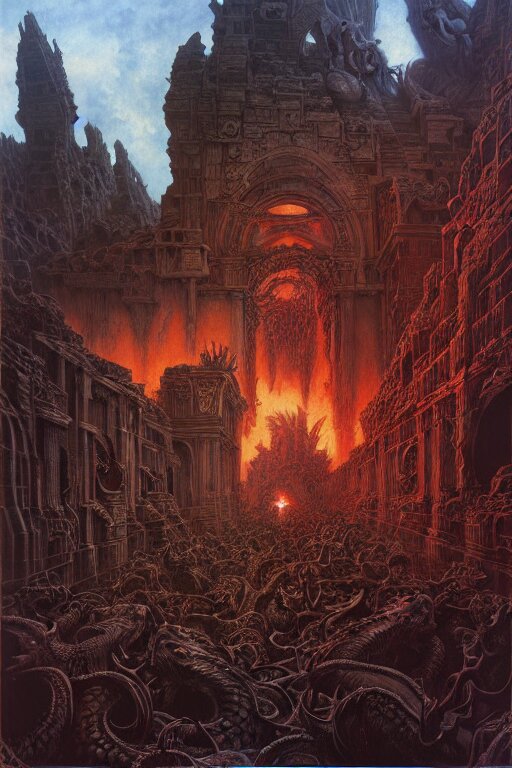 Dragon God Addresses Dark Cultists and Hooded Devotees in a Ruined City of Marble