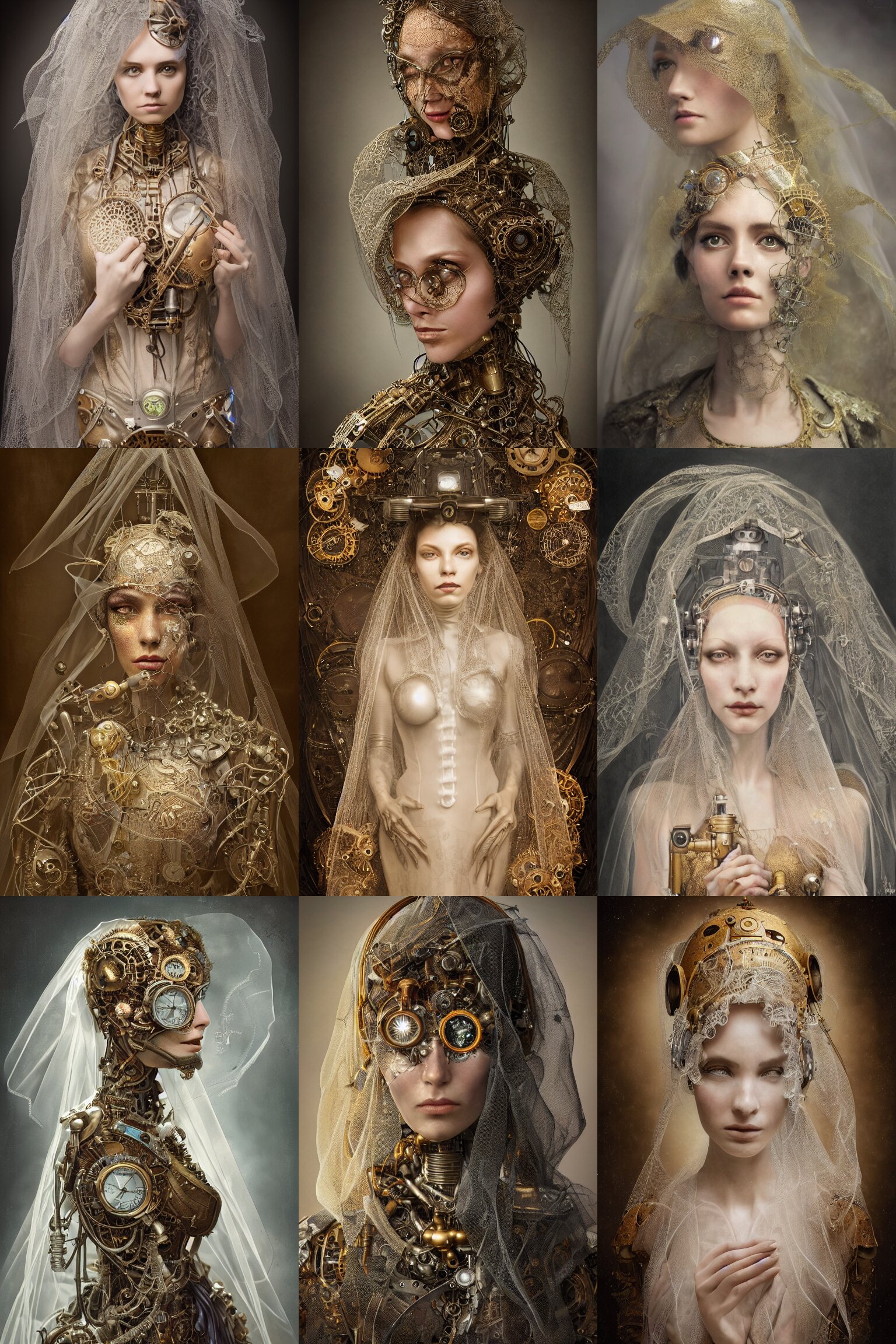 Beautiful Ultradetailed Fine Art Photo of a Veiled Cybernetic Steampunk Cyborg Bride