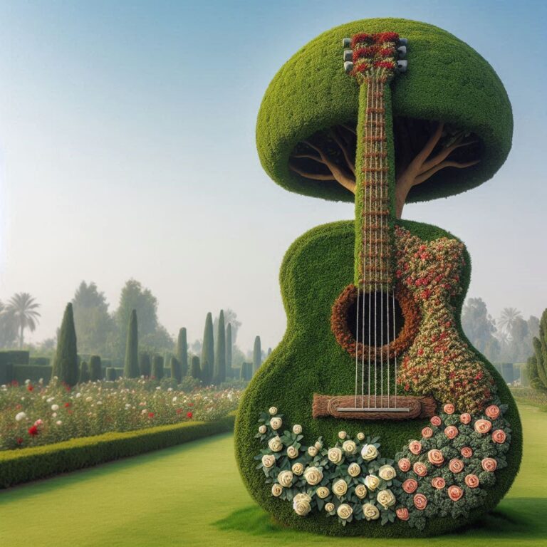 Vertical Guitar Sculpture in Botanical Garden