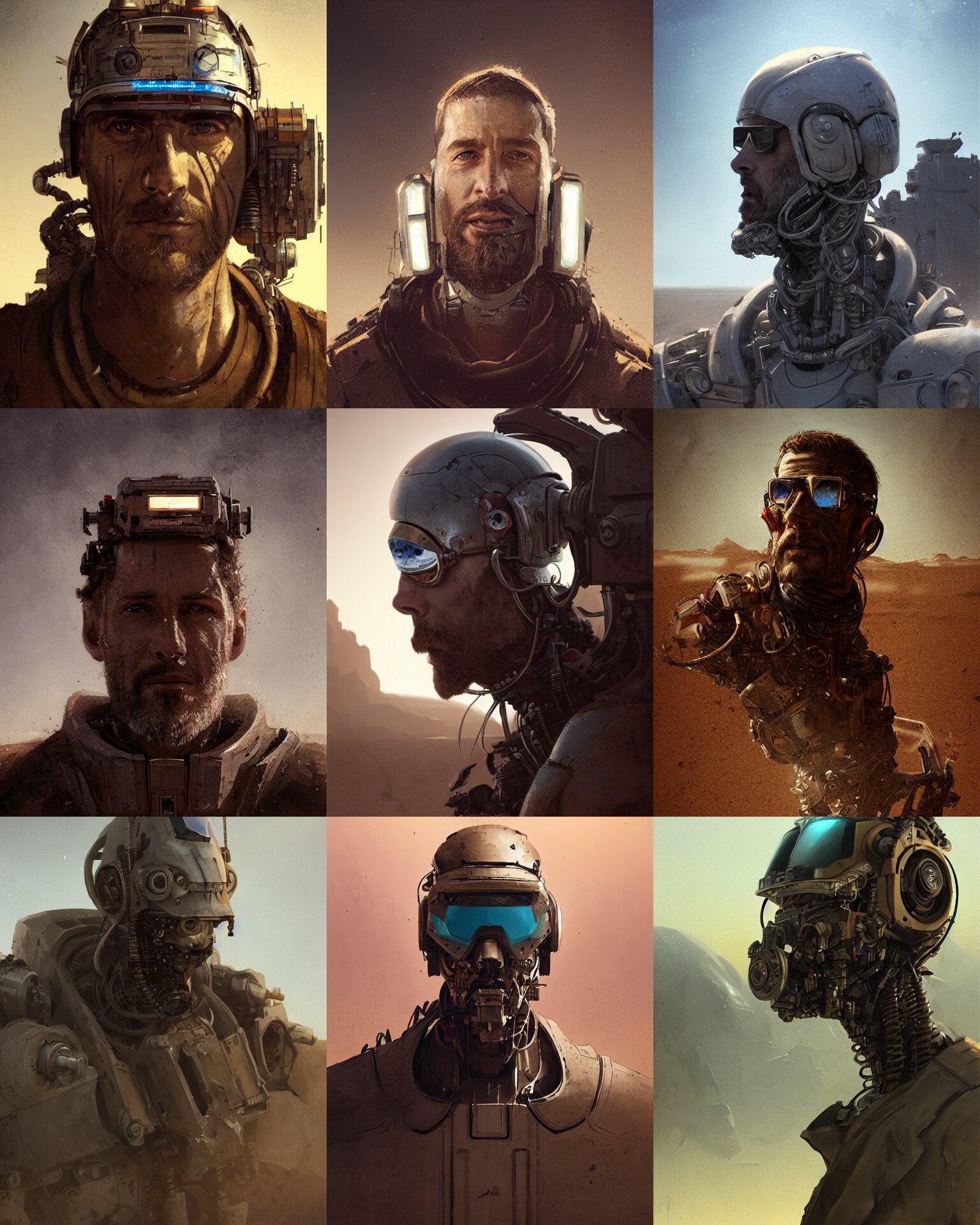 Rugged Engineer Man with Cybernetic Enhancements Lost in the Desert
