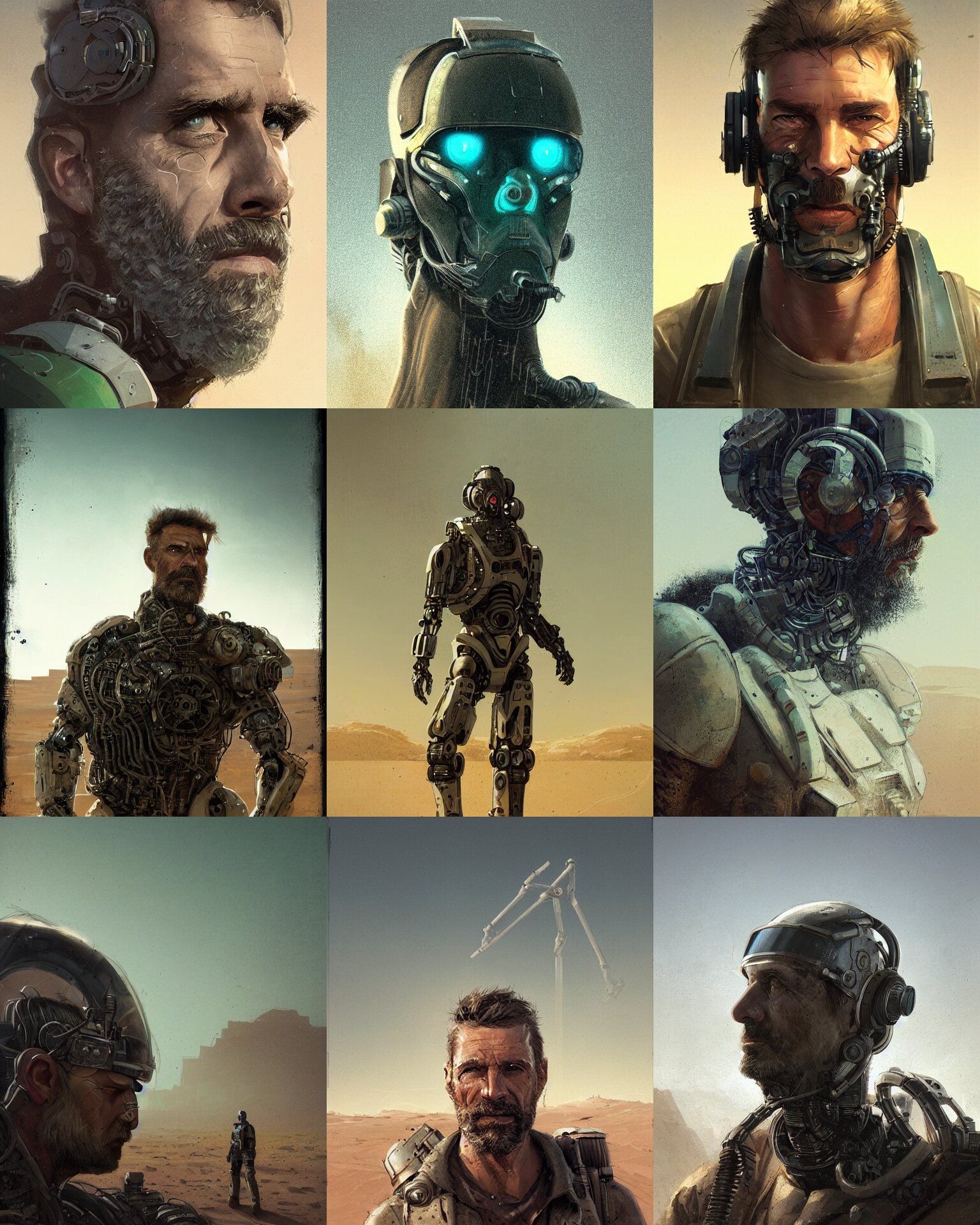 Rugged Middle Aged Engineer Man with Cybernetic Enhancements and Sidecut in the Desert