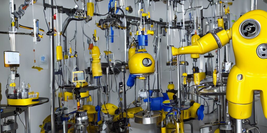 Yellow Mechanic Robot Hang with Bunch of Infusion Therapy Bottles