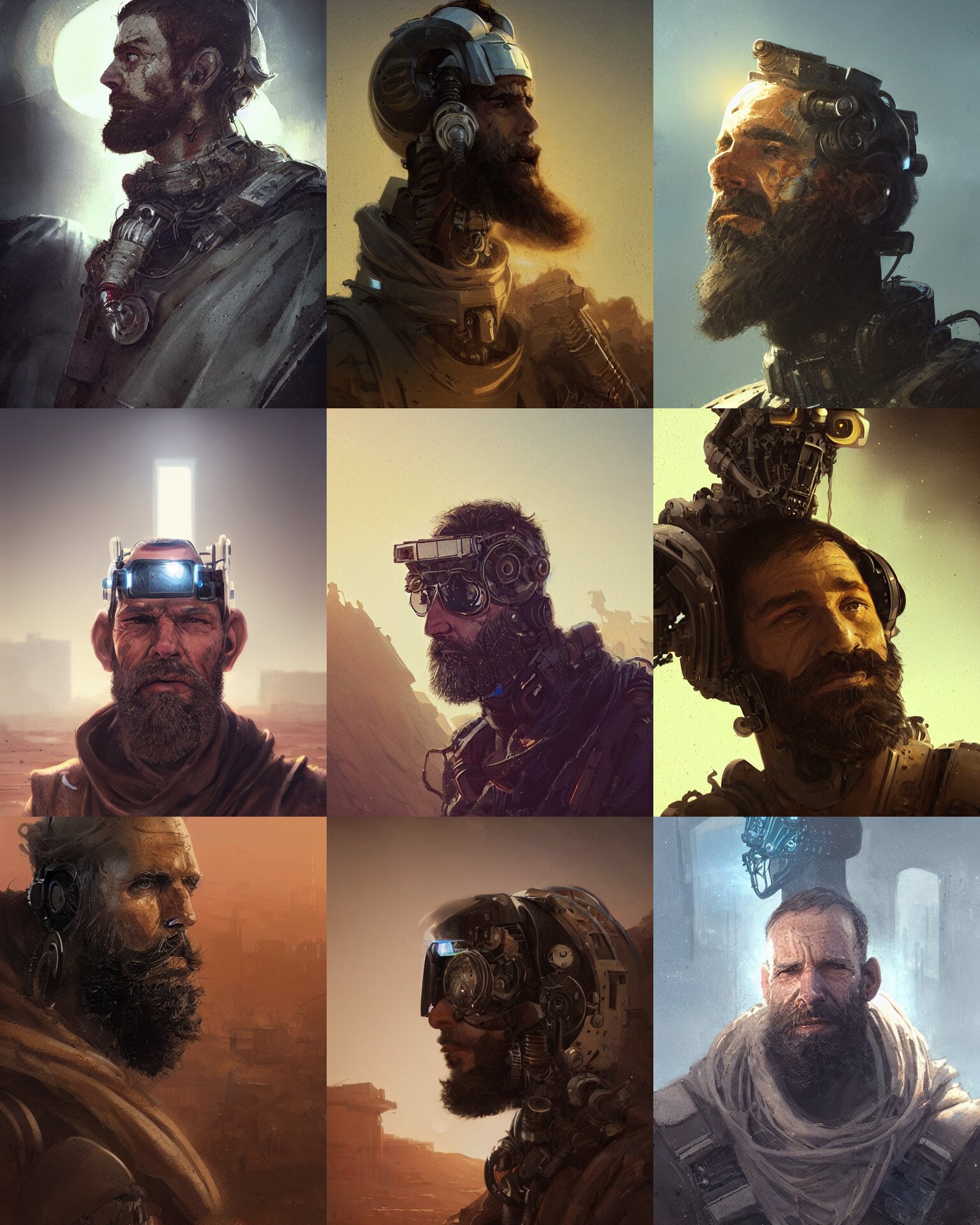 Bearded Rugged Engineer Man with Cybernetic Enhancements and a Cloak Lost in the Desert