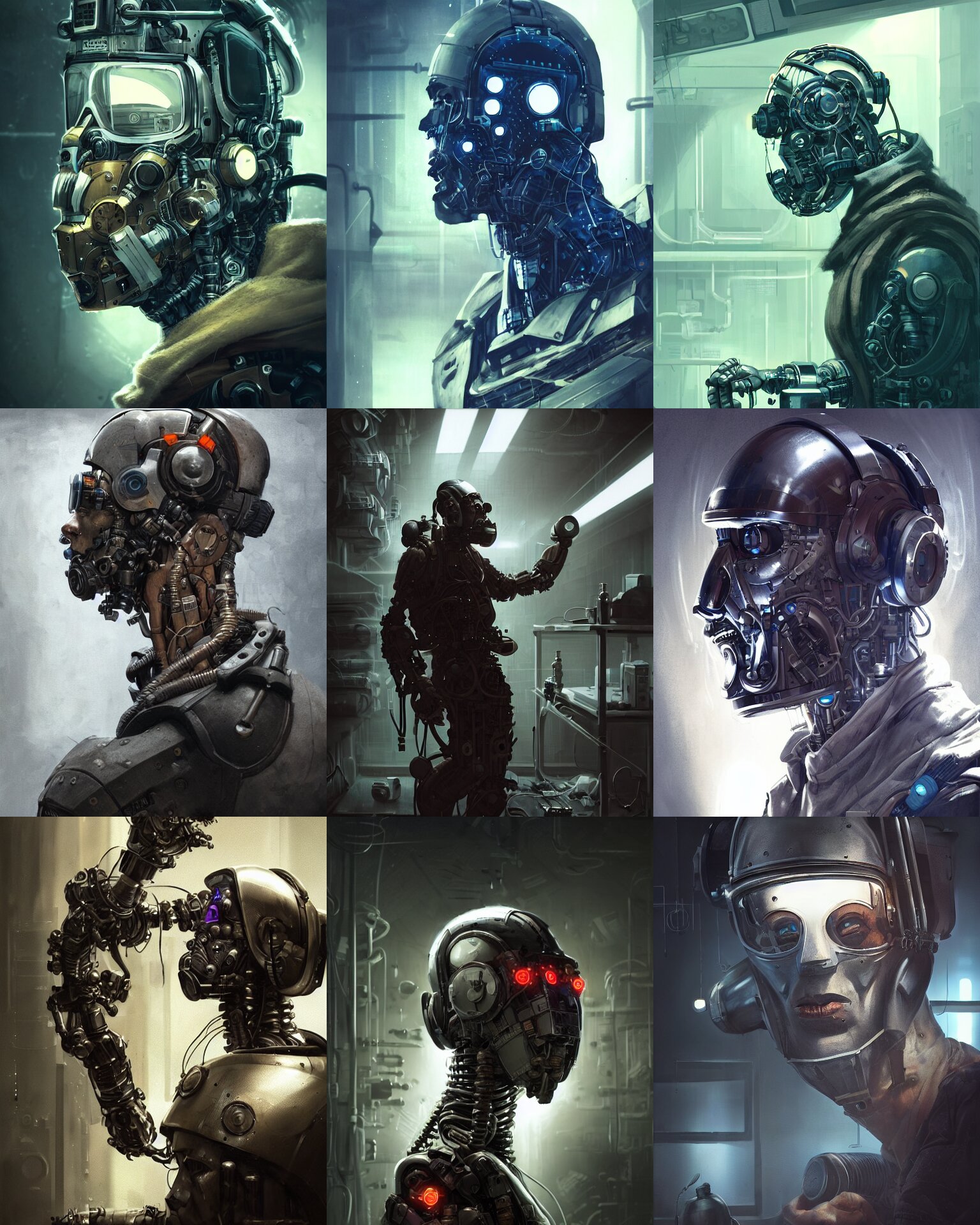 Masked Rugged Engineer Man with Cybernetic Enhancements in a Laboratory