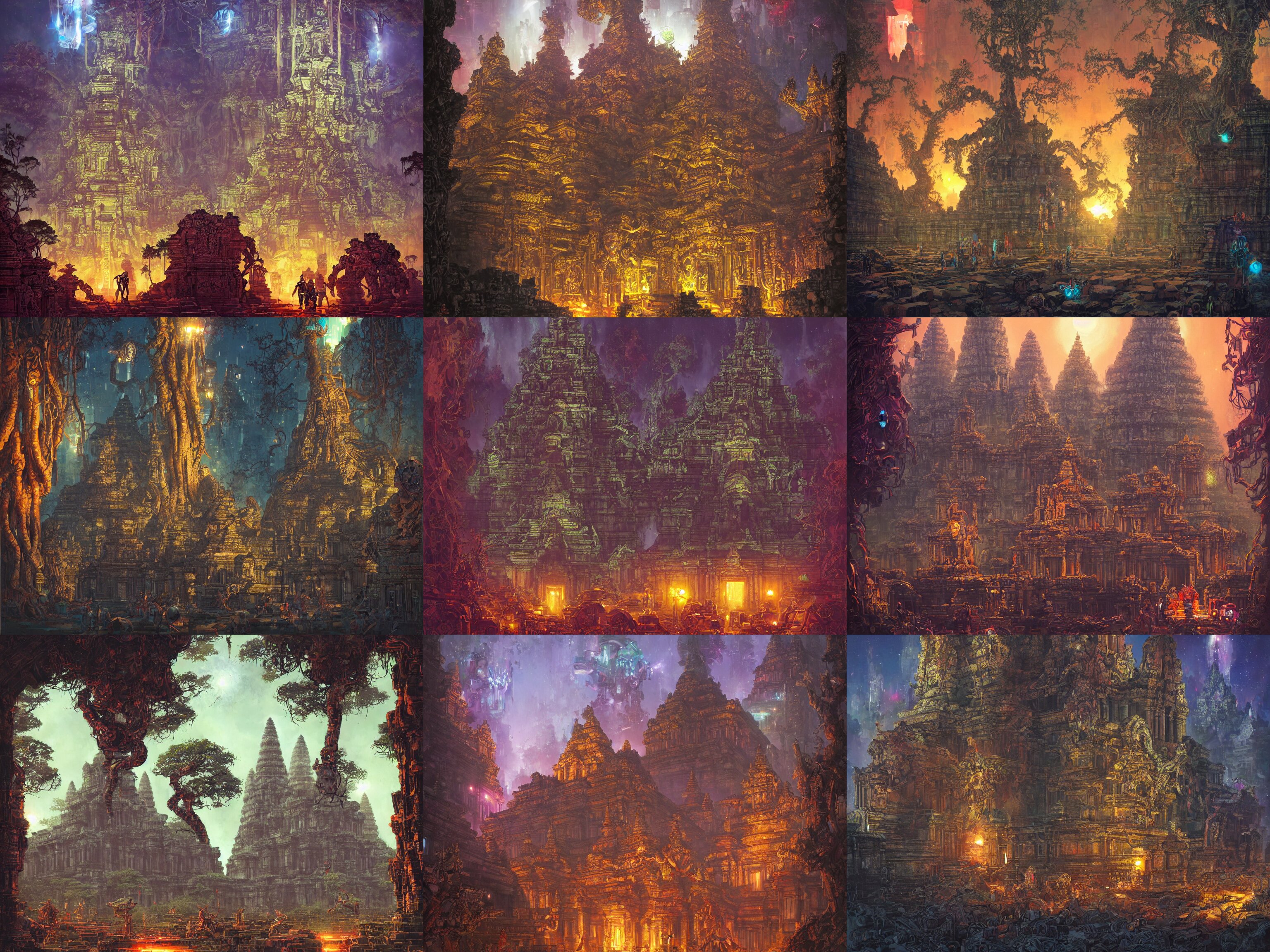 Cyberpunk Angkor Wat with Giant Mechanical and Angry Asian Gods