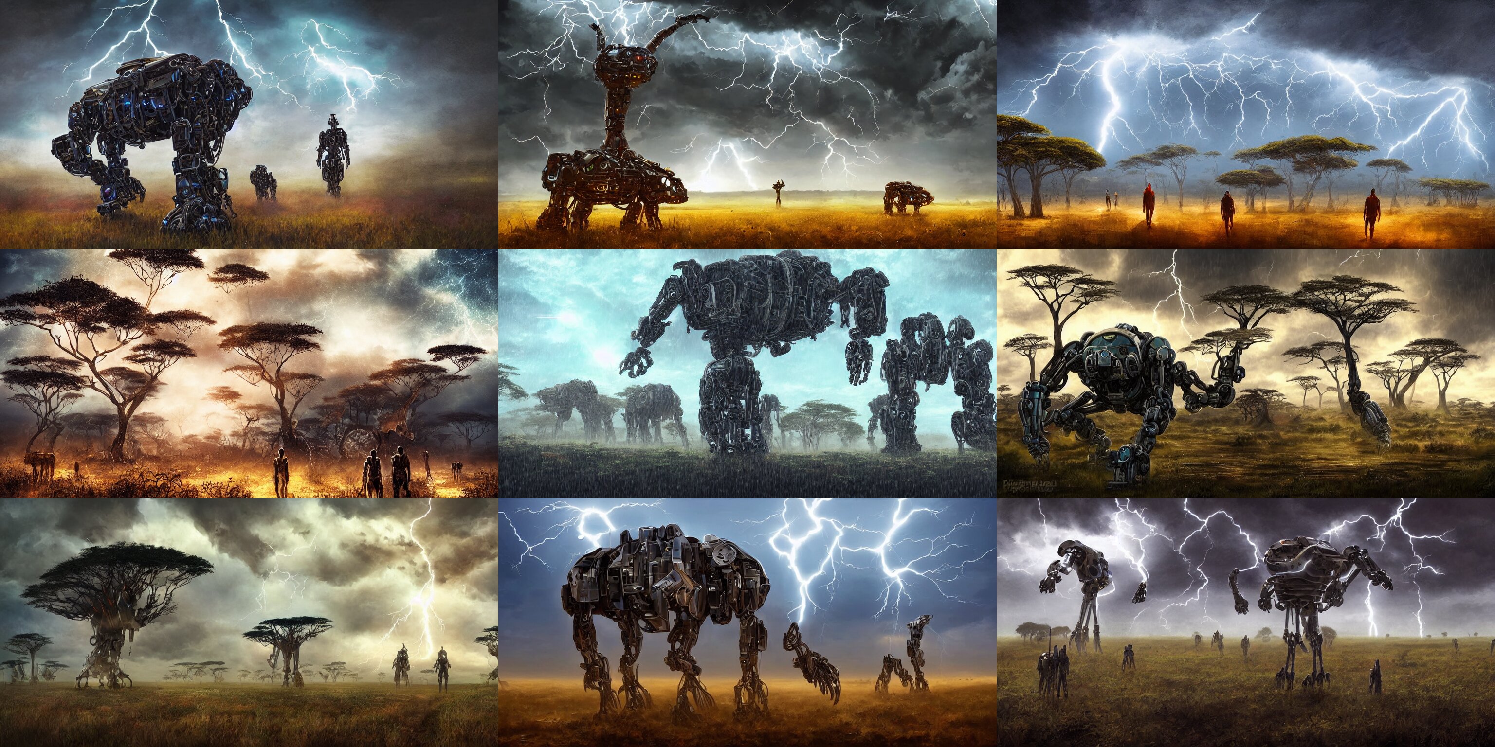 Giant Mechanical Robot Wildlife Walking on the African Plains