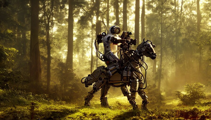 American Astronaut in the Forest Riding a Mechanical Robot Horse