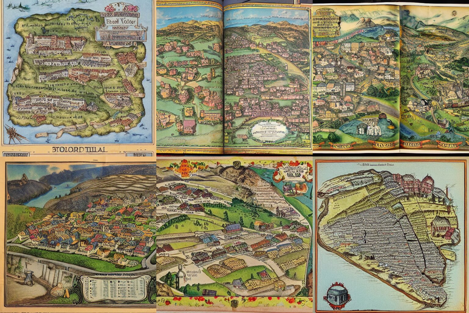 A Detailed Coloured Old Vintage Story Book Map of a Small Coal Miners Village