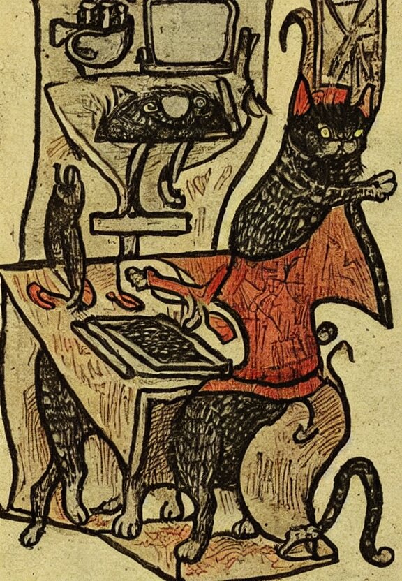 Devilish Medieval Illustration of a Cat Watching Youtube on a Computer