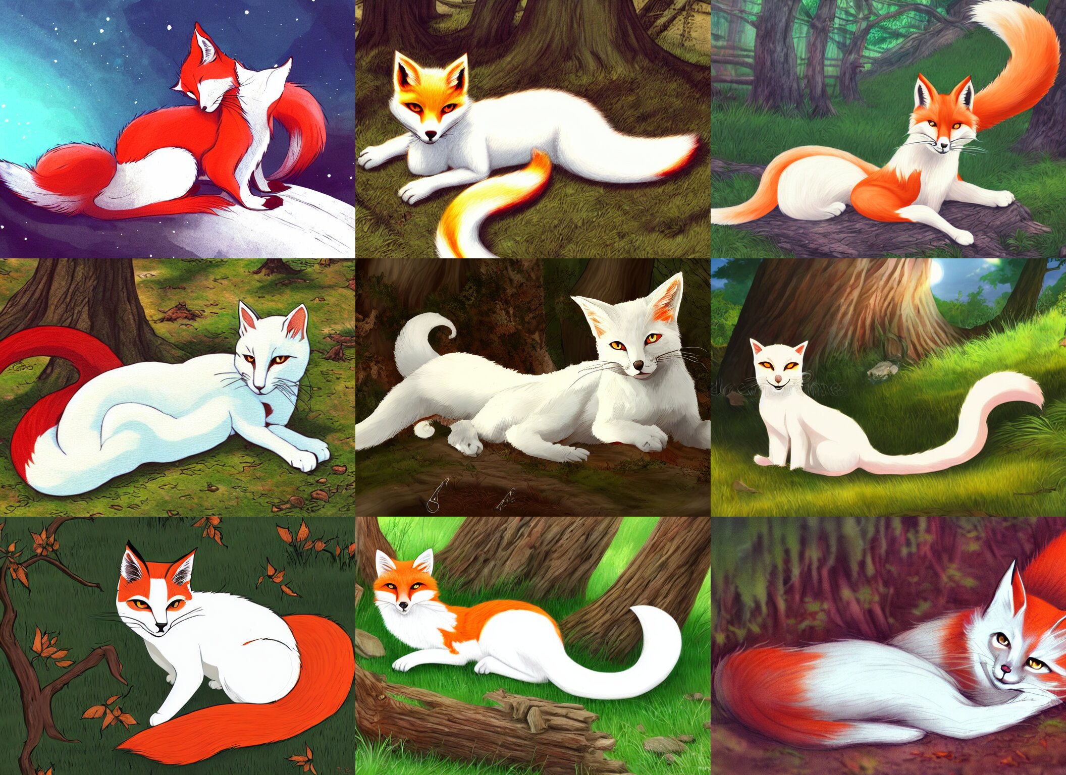 White Cat with Red Tail Like Fox Back Laying at Sunny Forest