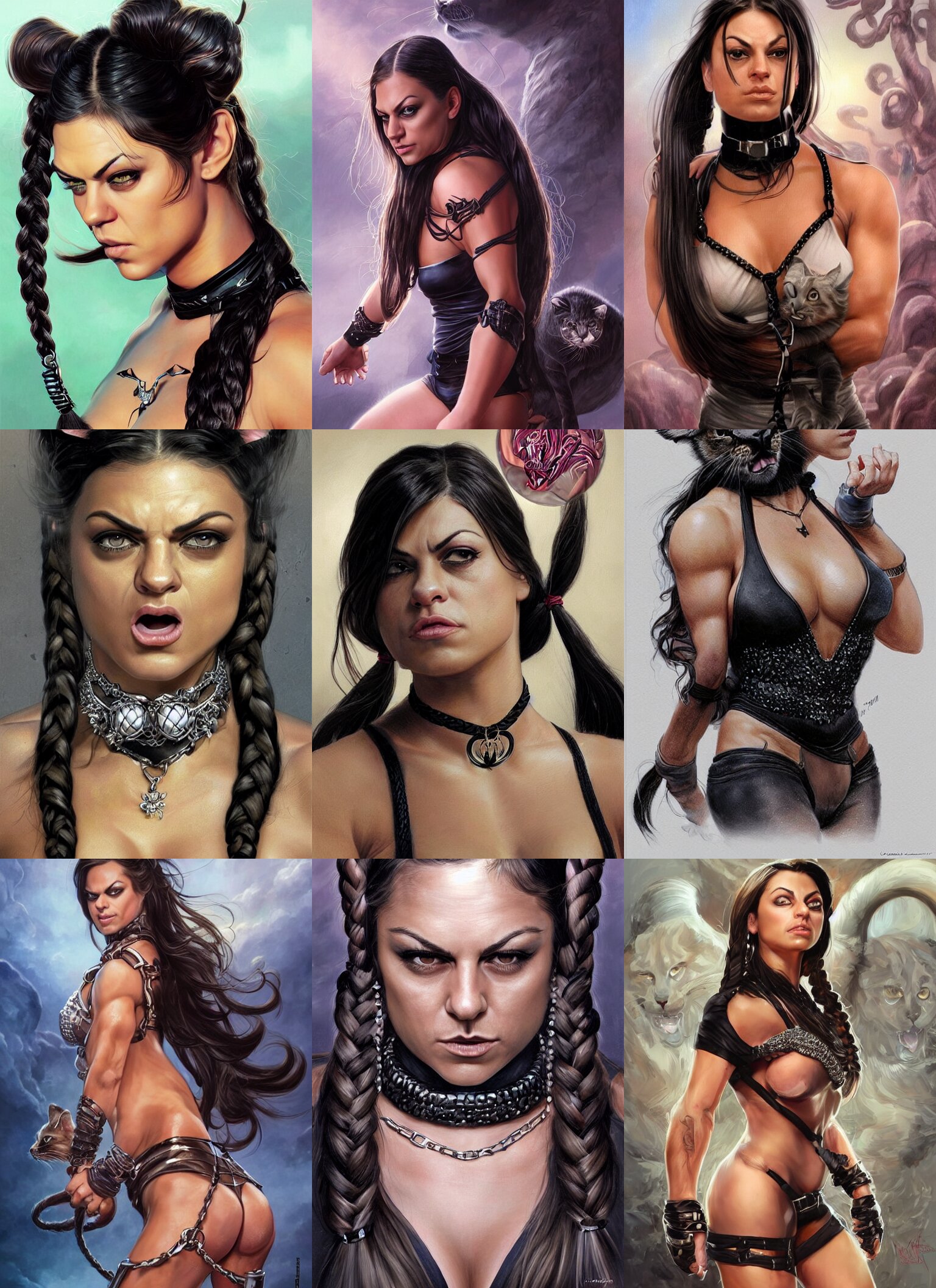Muscled Mila Kunis with Braided Pigtails Hair Riding Her Giant Mean Looking Kitty Cat