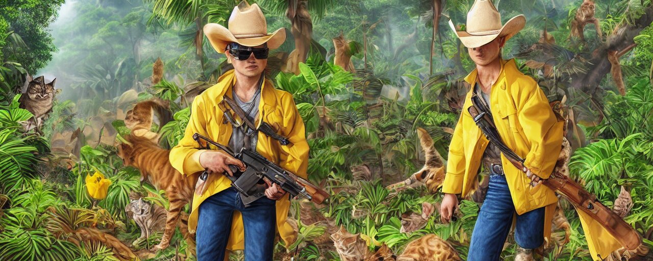 Cat Wearing a Cowboy Hat and Yellow Raincoat and Aviator Sunglasses