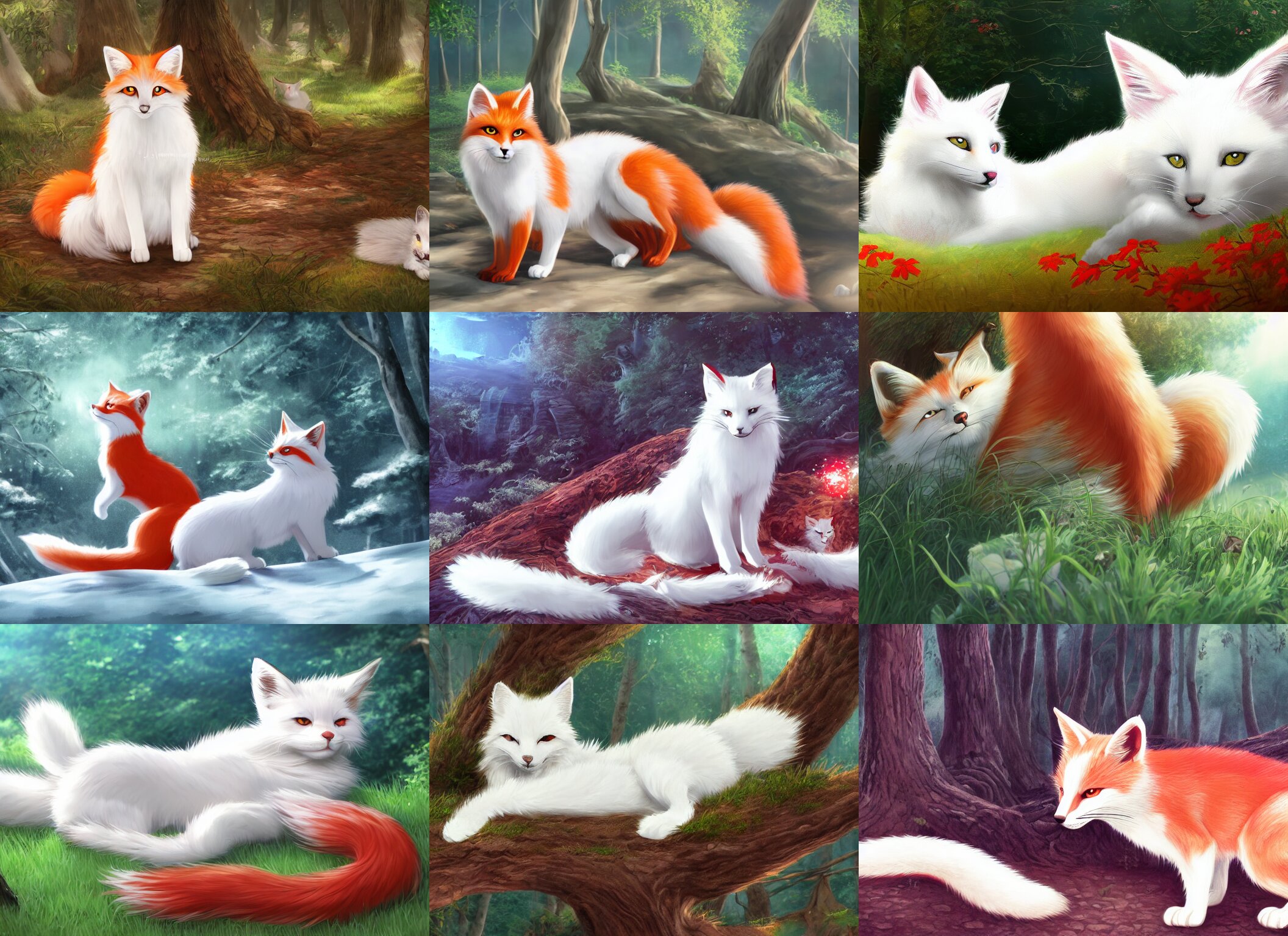 White Cat with Fluffy Red Tail Like Fox Lying at Sunny Forest