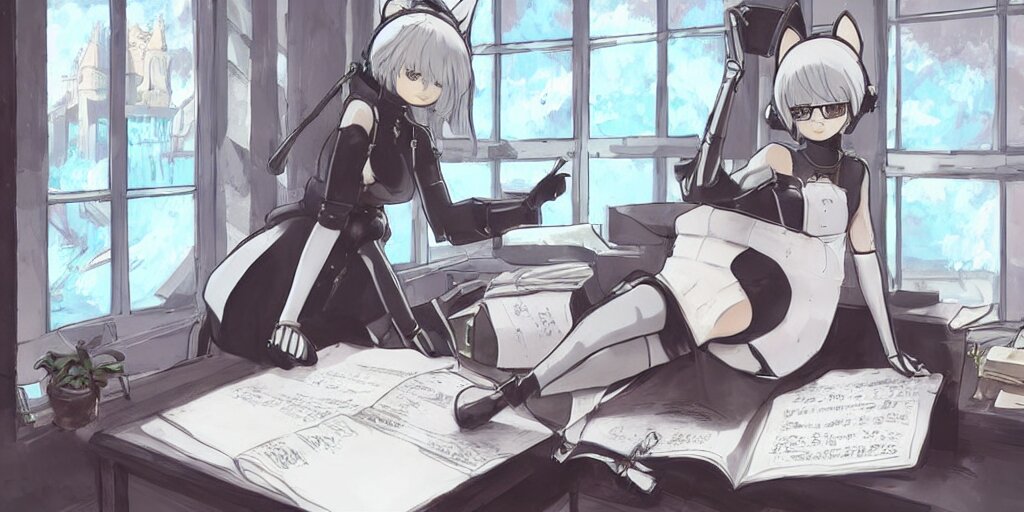 2b from Nier Automata Wearing a Headset with Cat Ears