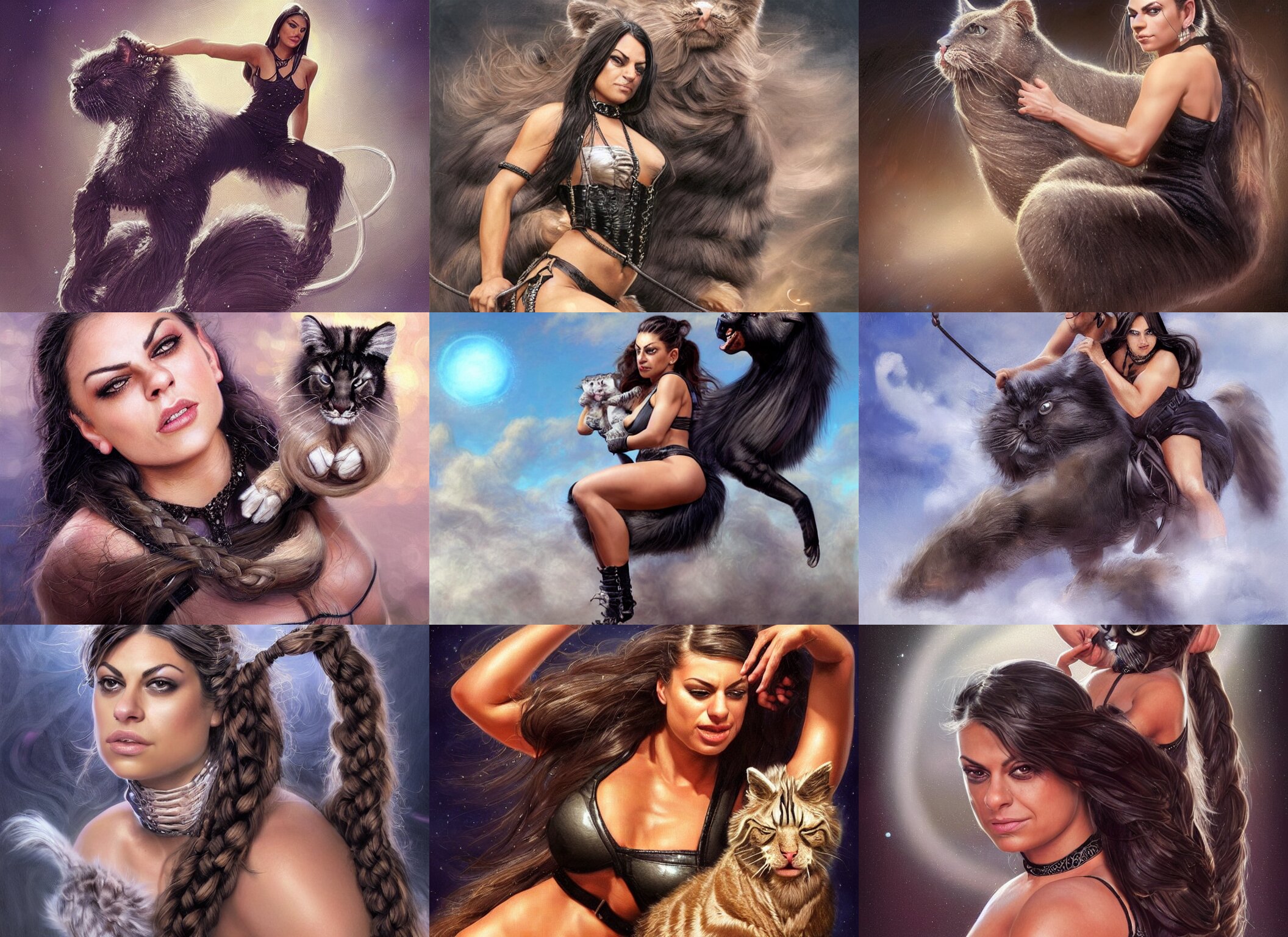 Muscled Mila Kunis with Braided Pigtails Hair Mounted on and Riding Her Large Fuzzy Cat