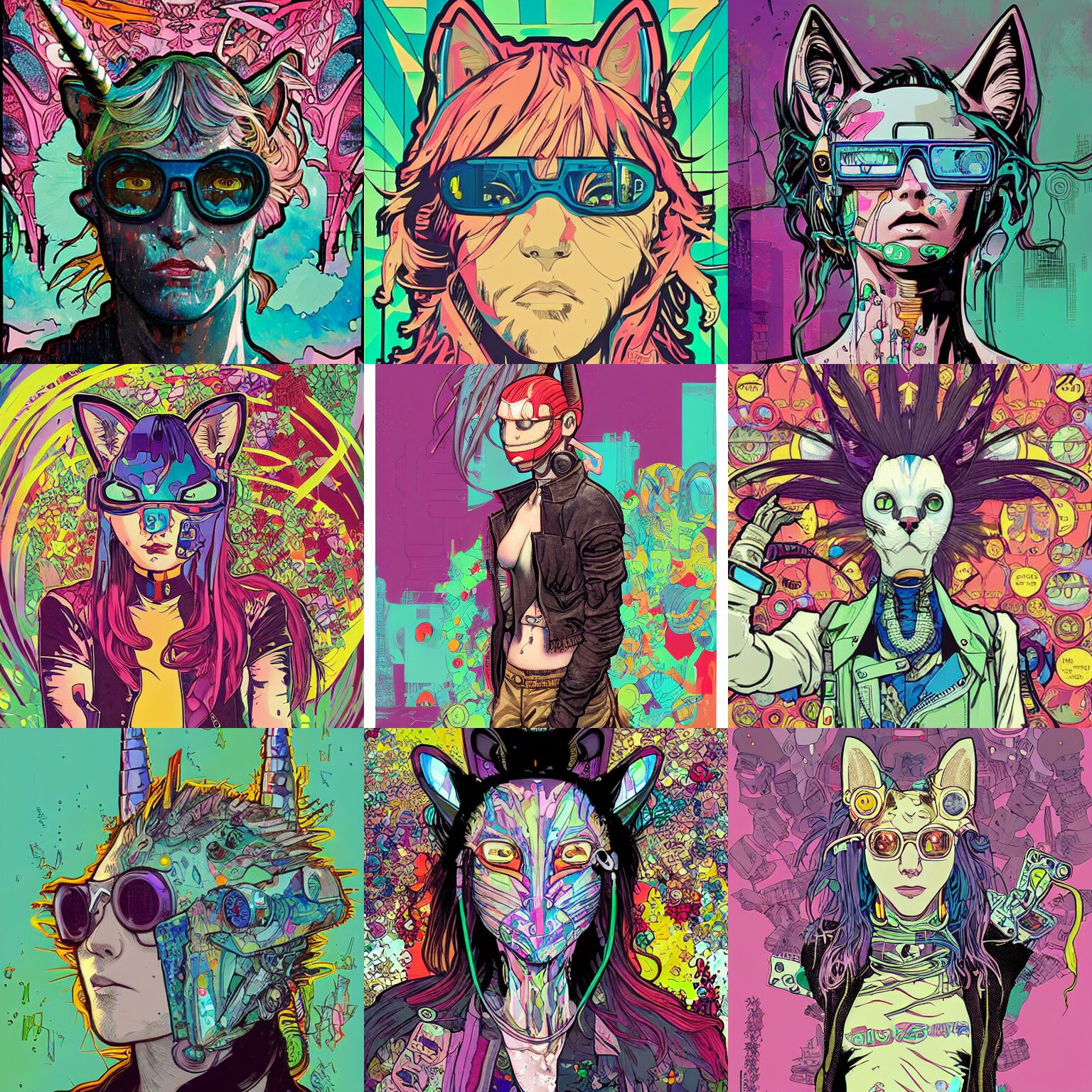 Cyberpunk Cat Unicorn Car Plants Cyborg Portrait Illustration