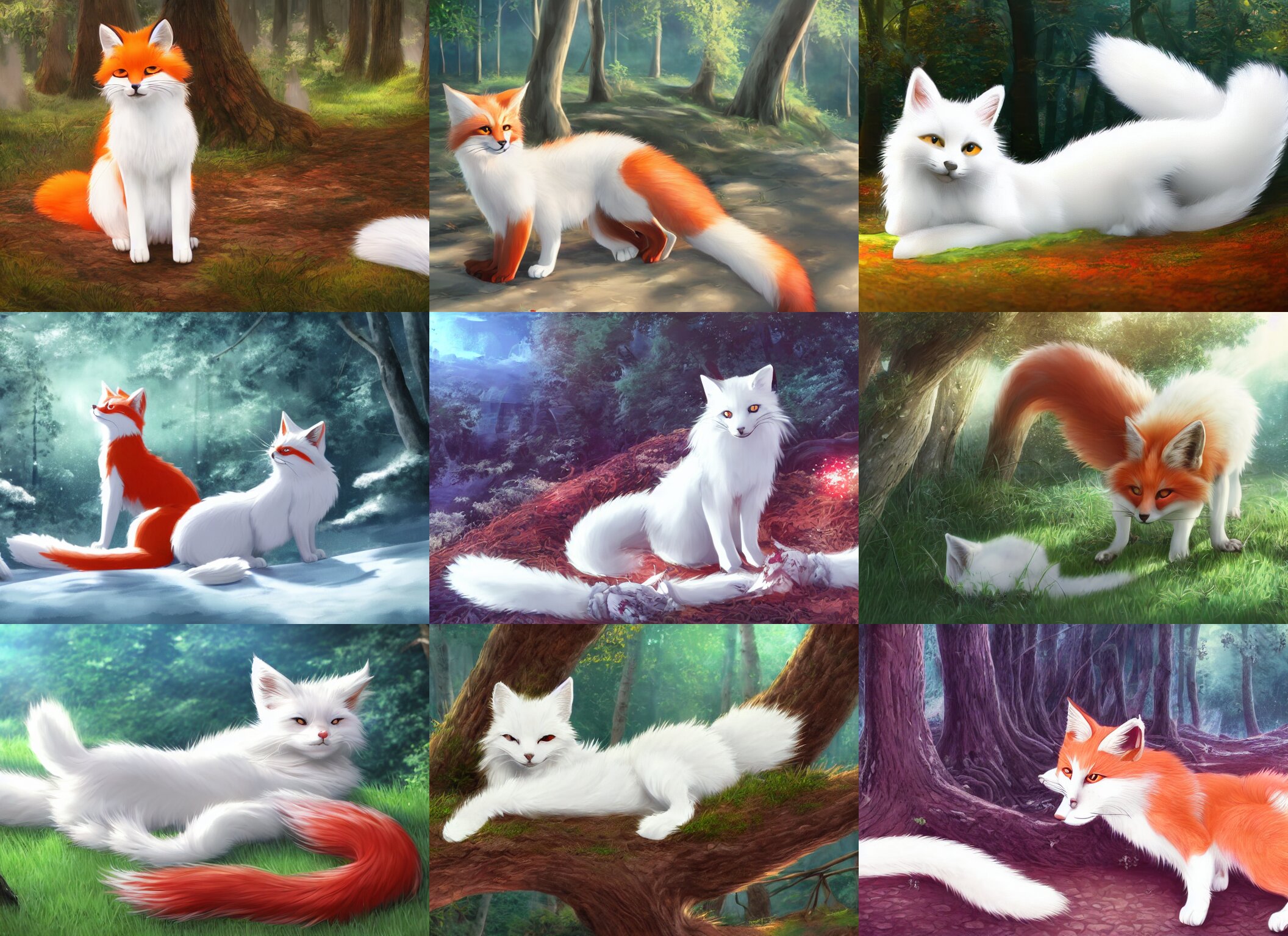 White Cat with Fluffy Red Tail Like Fox Tail Lying at Sunny Forest