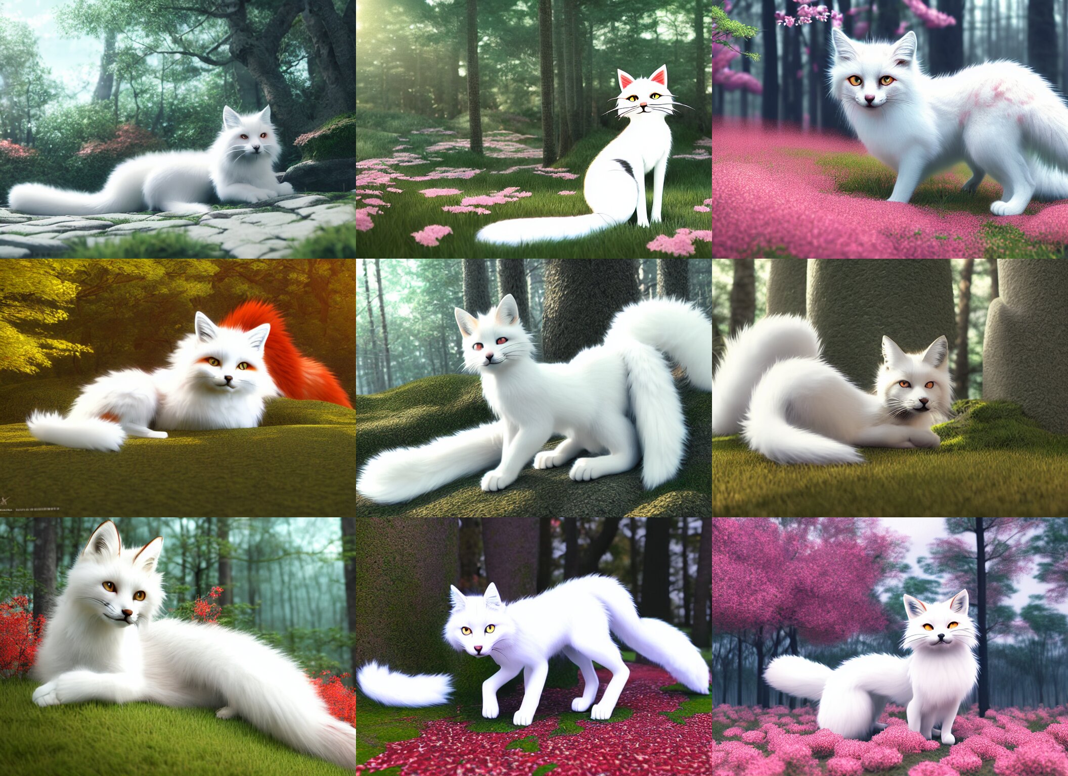 White Cat with Fluffy Red Tail Like Fox Tail Lying at Sakura Forest