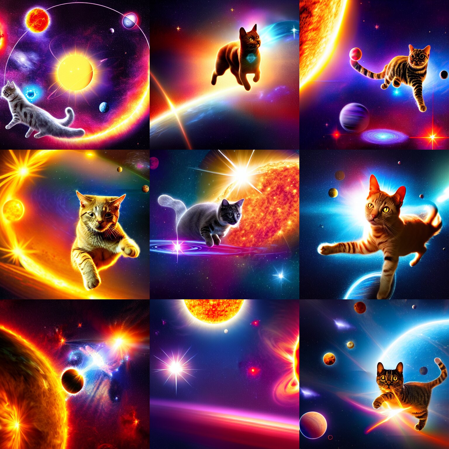Concept Illustration of a Cosmic Cat Jumping Through the Solar Systems