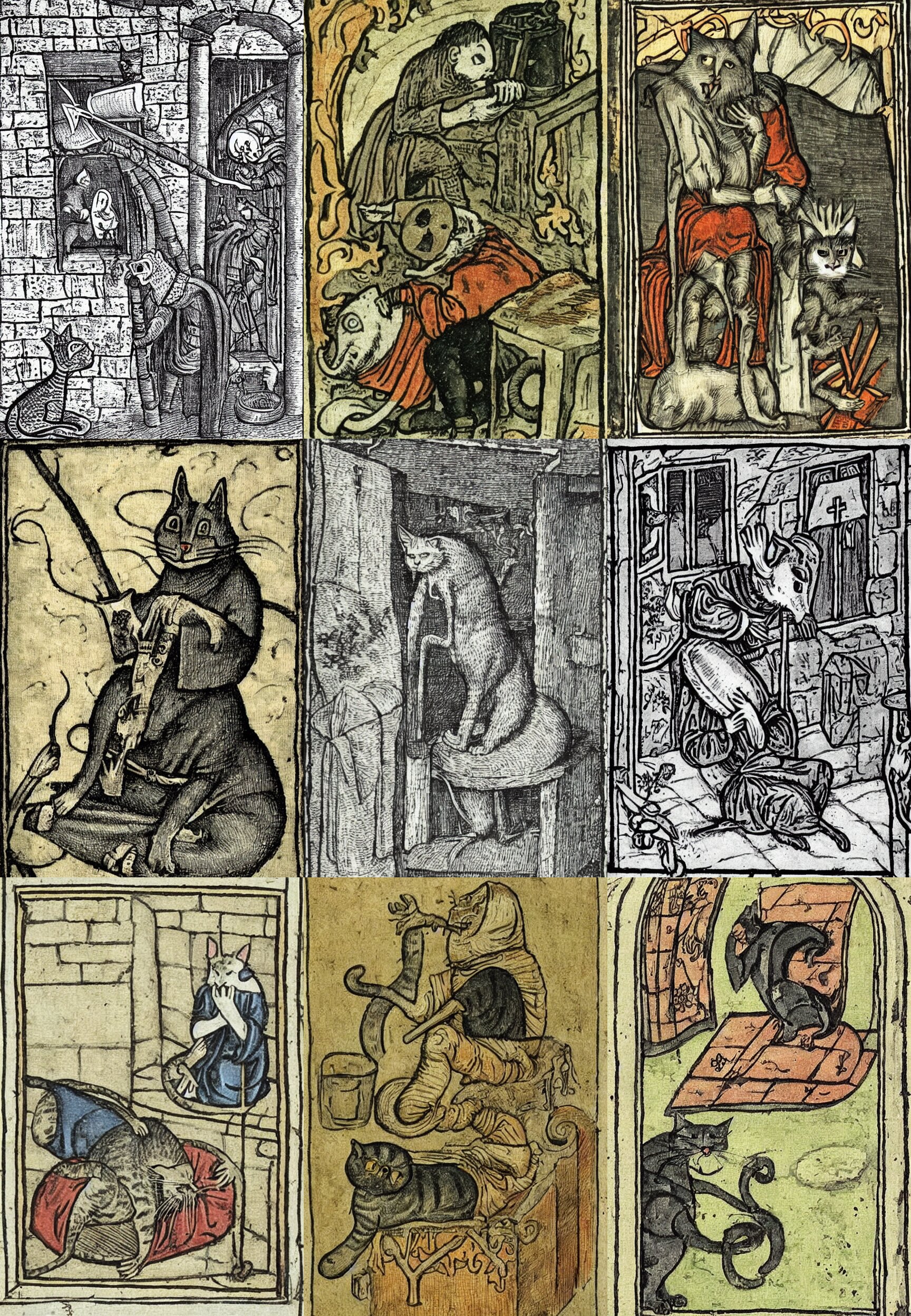 Grim Medieval Illustration of a Depressed Cat Watching Youtube