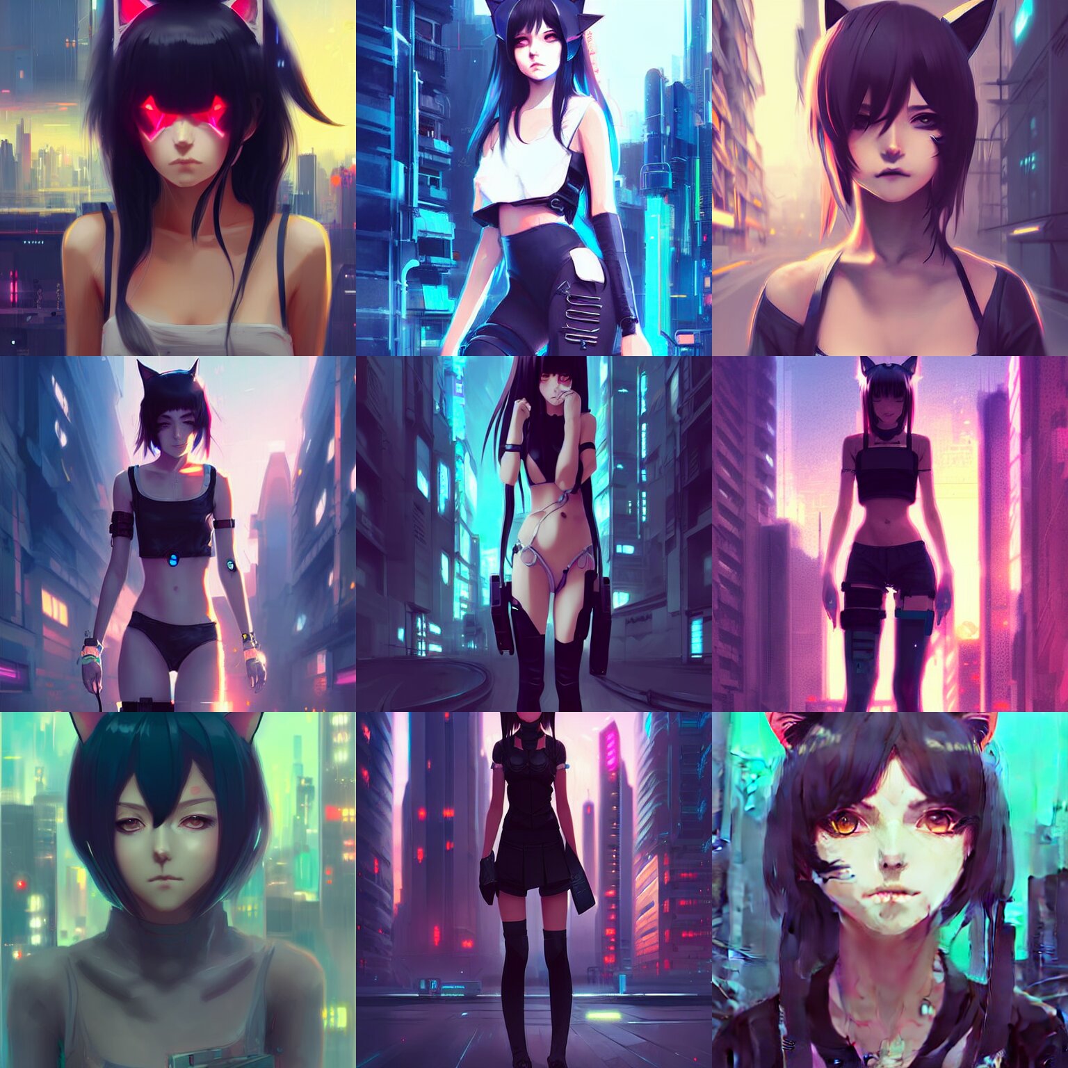 Cute Anime Catgirl in Cyberpunk City Cat Ears Illustration Style of Digital Art
