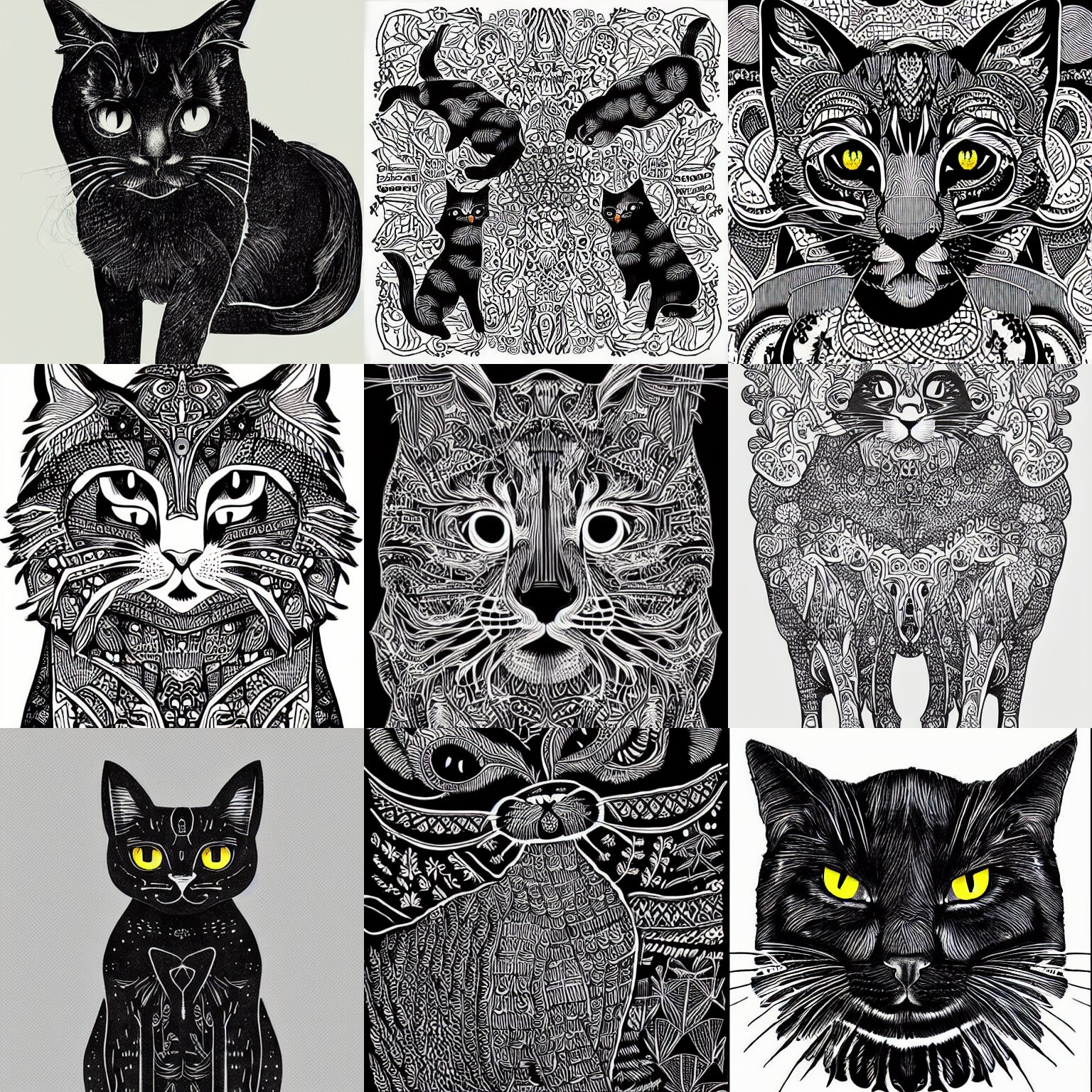 Fluffy Black Cats Intricately Inked in Illustrations