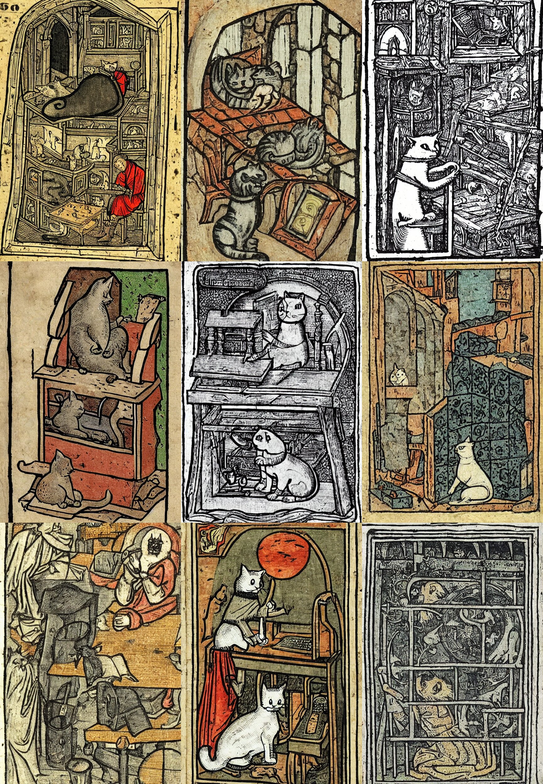 Clear Medieval Illustration of a Cat Watching Youtube on a Computer