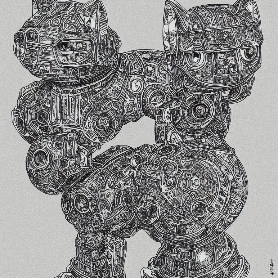 Robot Cat Highly Detailed Colored Pencil Illustration Silk Screen T Shirt Design