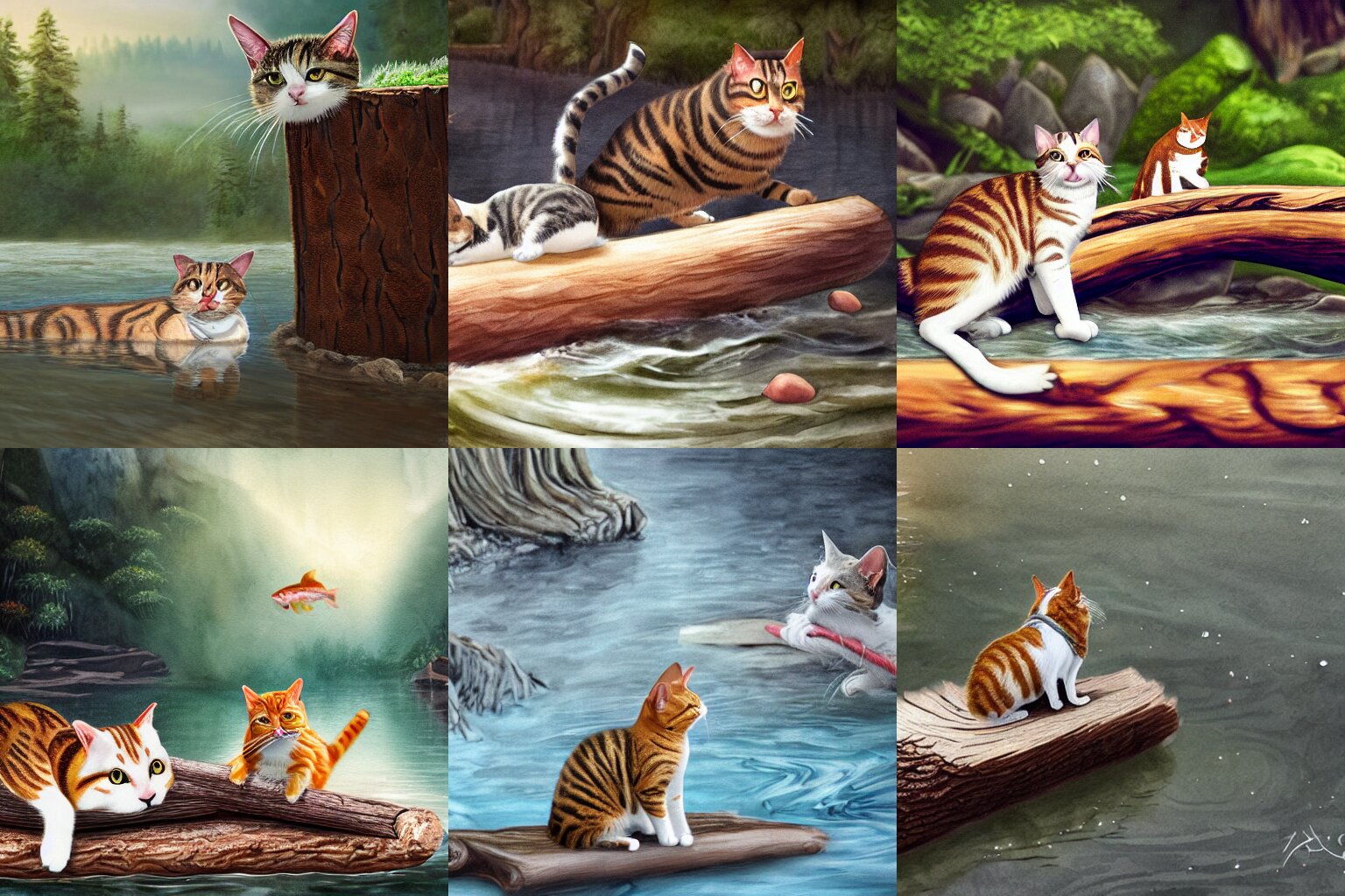 Scared Tabby and White Cat is Clinging to a Log Floating Down a River